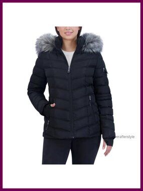 Womens Water Resistant Puffer Jacket with Faux Fur Hood